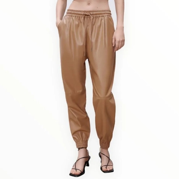 zara tan faux leather joggers - Picture 6 of 9